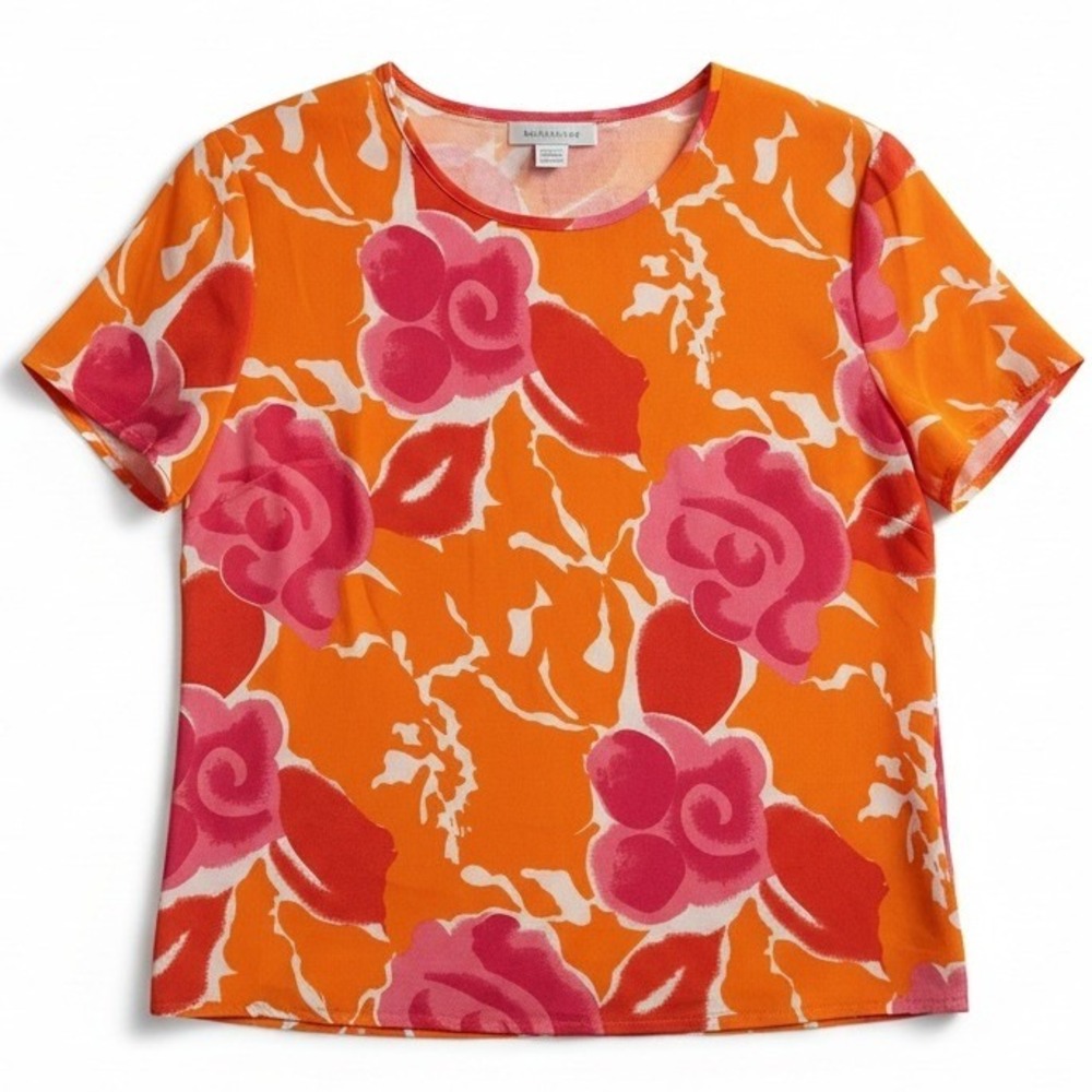 Hana Sung Orange Pink‎ Floral Short Sleeve Blouse, Women's Small Top, Vintage